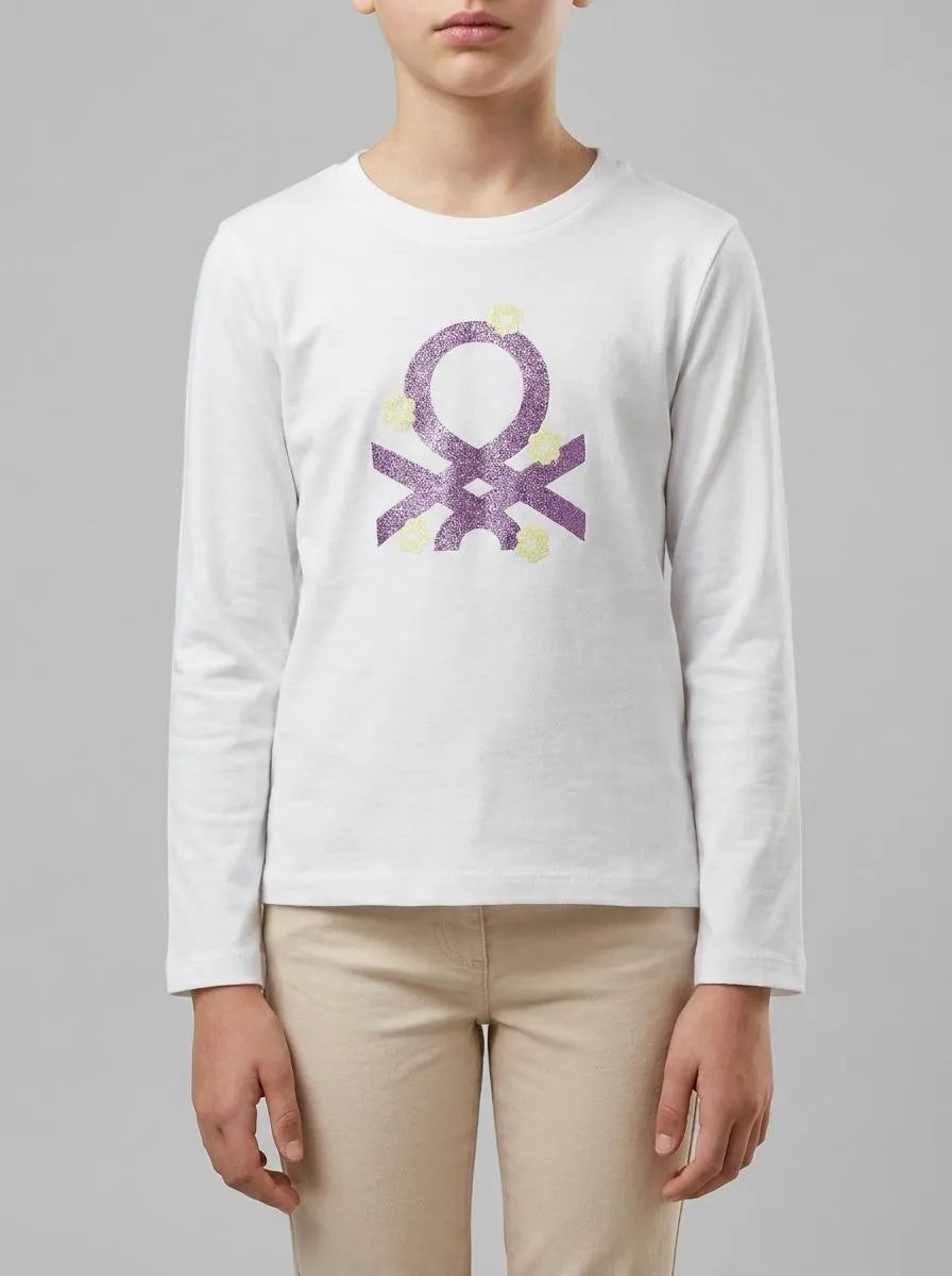 Benetton White Girls T-Shirt in Organic Cotton with Glittery Logo SKU: 3I9WG10LT_101 Image 00