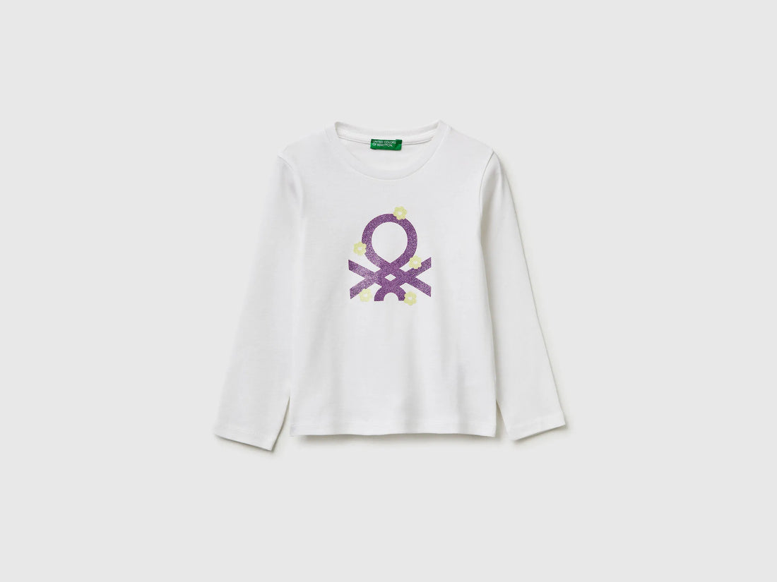 Benetton White Girls T-Shirt in Organic Cotton with Glittery Logo SKU: 3I9WG10LT_101 Image 01