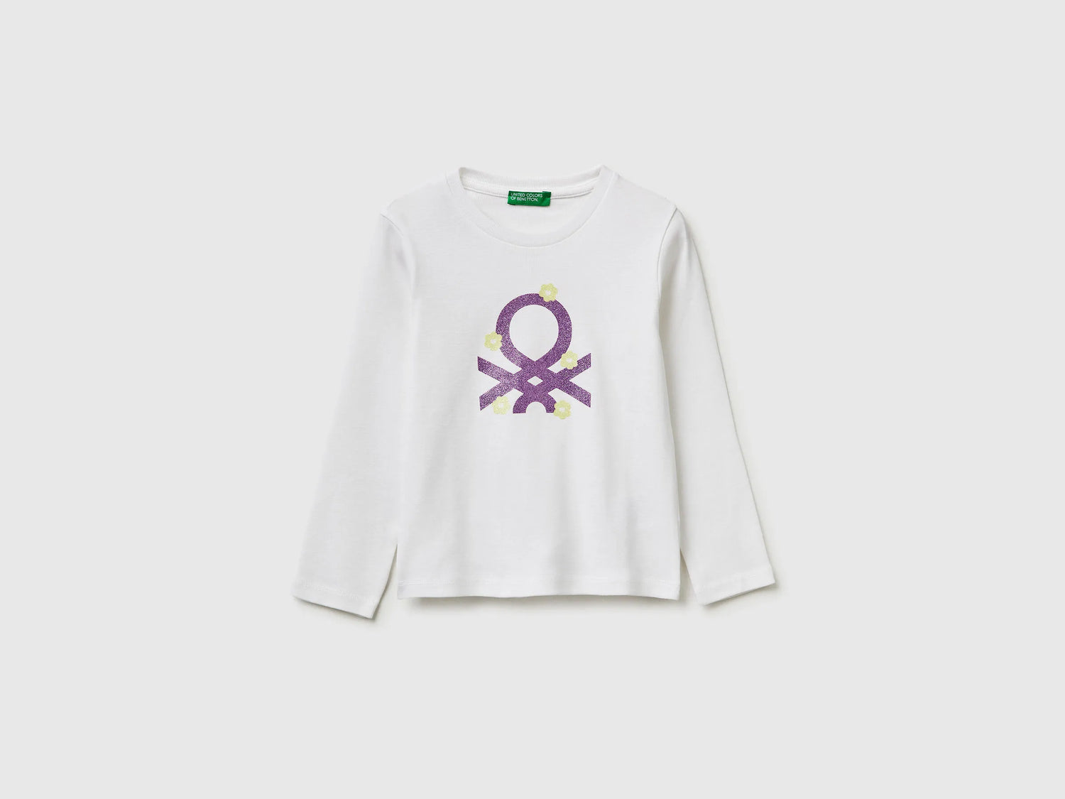 Benetton White Girls T-Shirt in Organic Cotton with Glittery Logo SKU: 3I9WG10LT_101 Image 01