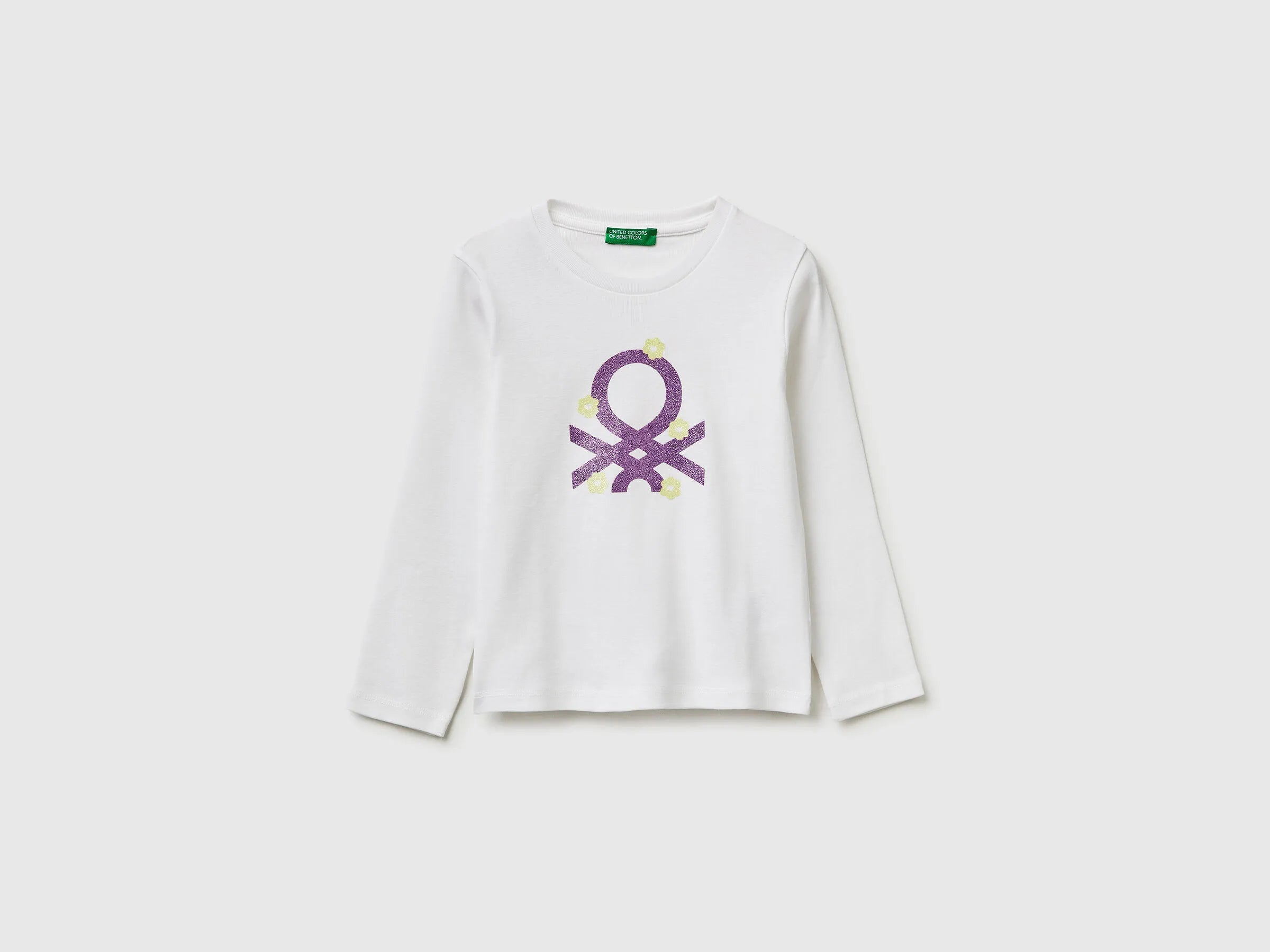 Benetton White Girls T-Shirt in Organic Cotton with Glittery Logo SKU: 3I9WG10LT_101 Image 01
