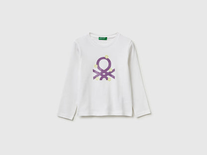 Benetton White Girls T-Shirt in Organic Cotton with Glittery Logo SKU: 3I9WG10LT_101 Image 01