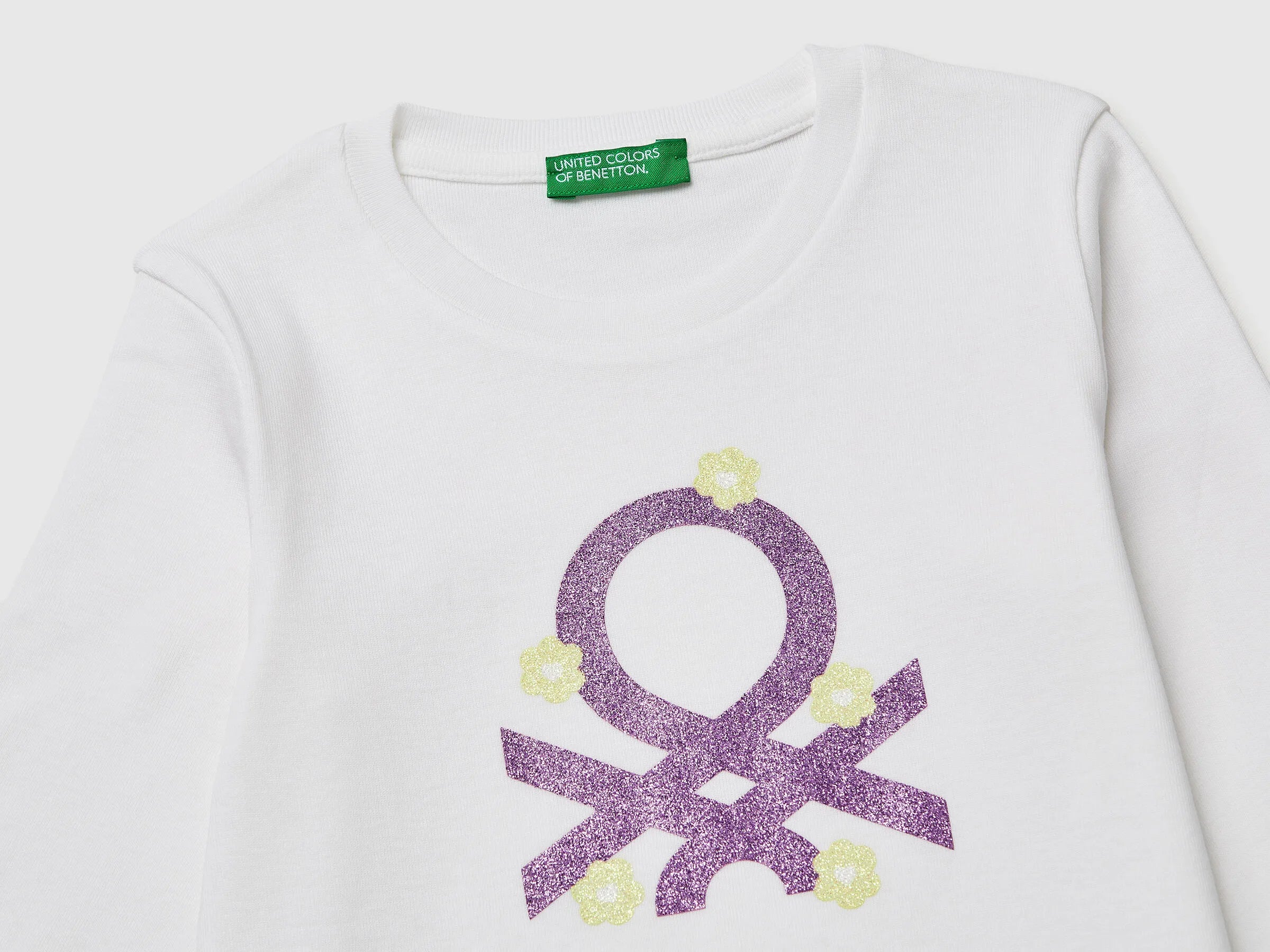 Benetton White Girls T-Shirt in Organic Cotton with Glittery Logo SKU: 3I9WG10LT_101 Image 03