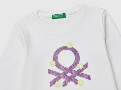 Benetton White Girls T-Shirt in Organic Cotton with Glittery Logo SKU: 3I9WG10LT_101 Image 03