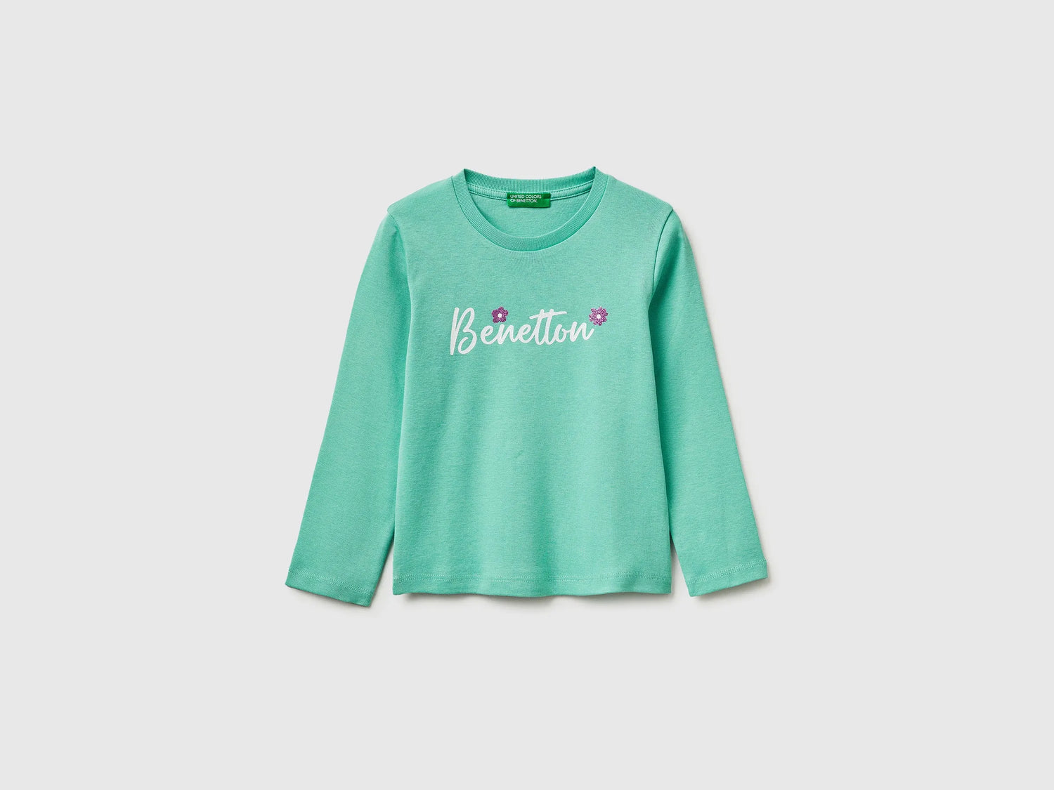 Benetton Aqua Girls T-Shirt in Organic Cotton with Glittery Logo SKU: 3I9WG10LT_13D Image 01