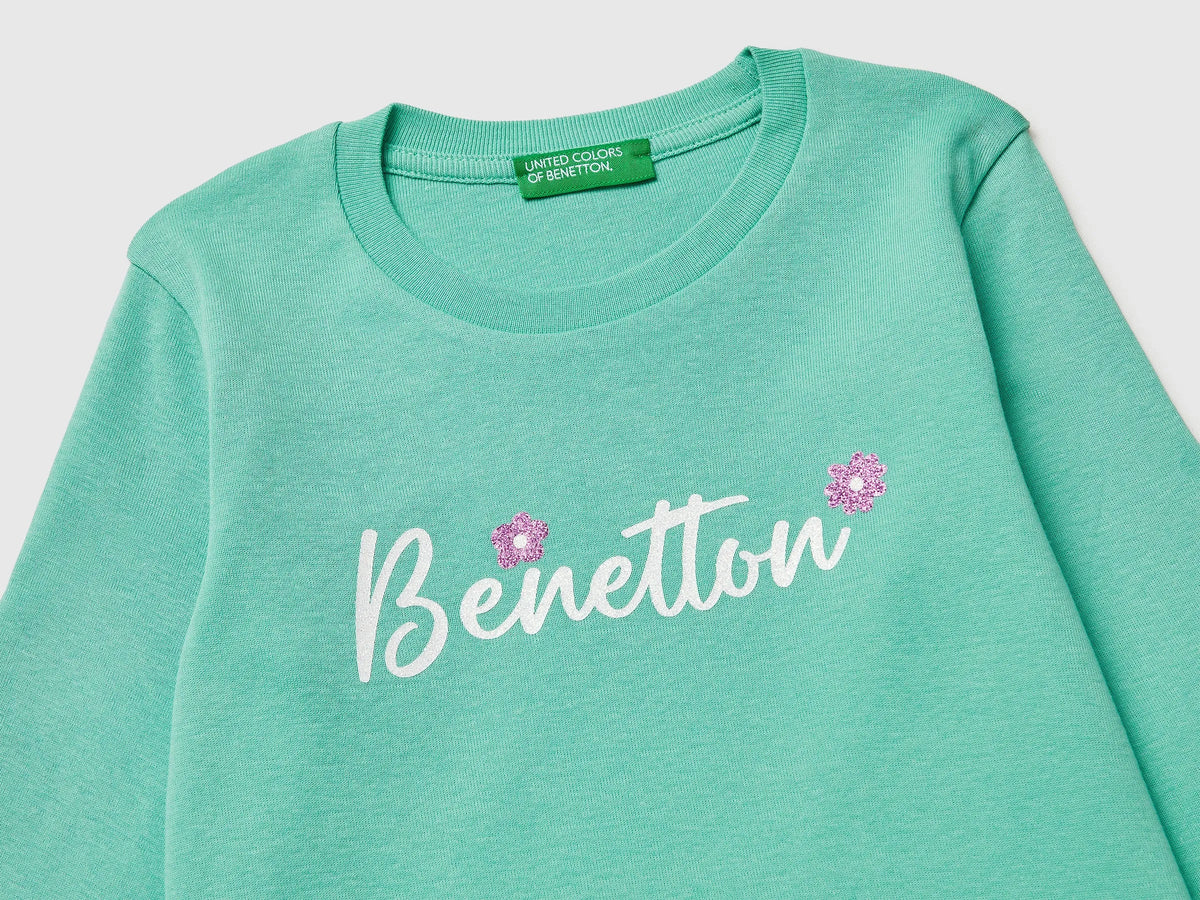 Benetton Aqua Girls T-Shirt in Organic Cotton with Glittery Logo SKU: 3I9WG10LT_13D Image 03