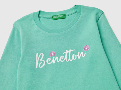 Benetton Aqua Girls T-Shirt in Organic Cotton with Glittery Logo SKU: 3I9WG10LT_13D Image 03
