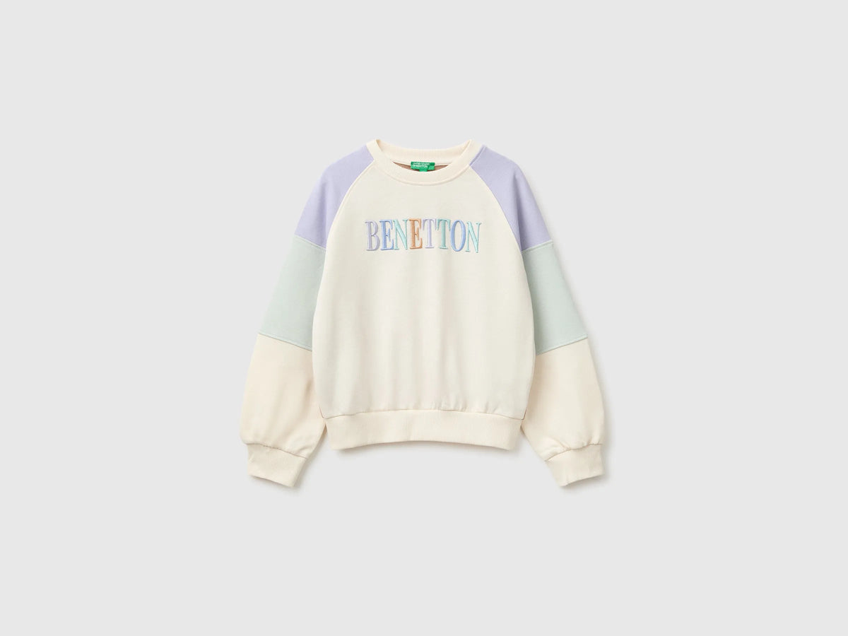 Benetton Creamy White Girls Color Block Sweatshirt with Embroidery SKU: 3J68C10U7_901 Image 01