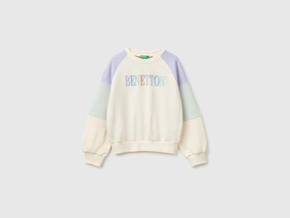 Benetton Creamy White Girls Color Block Sweatshirt with Embroidery SKU: 3J68C10U7_901 Image 01