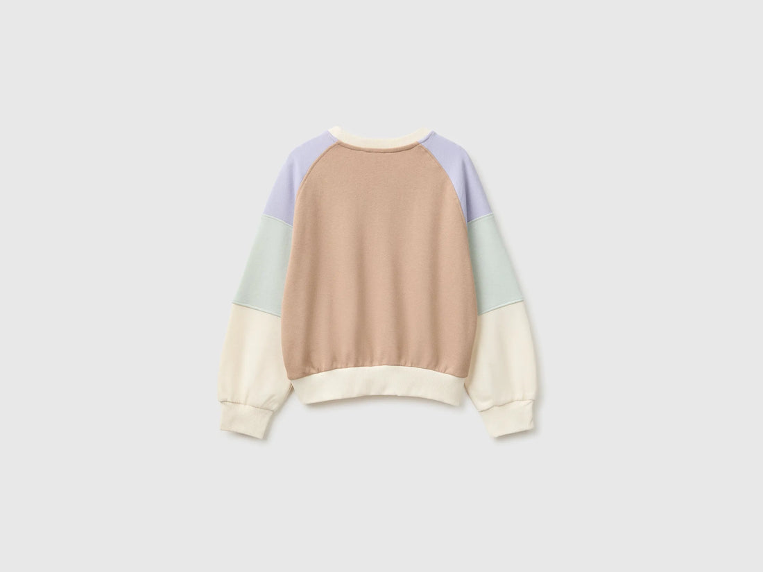 Benetton Creamy White Girls Color Block Sweatshirt with Embroidery SKU: 3J68C10U7_901 Image 02