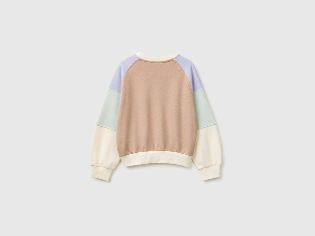 Benetton Creamy White Girls Color Block Sweatshirt with Embroidery SKU: 3J68C10U7_901 Image 02