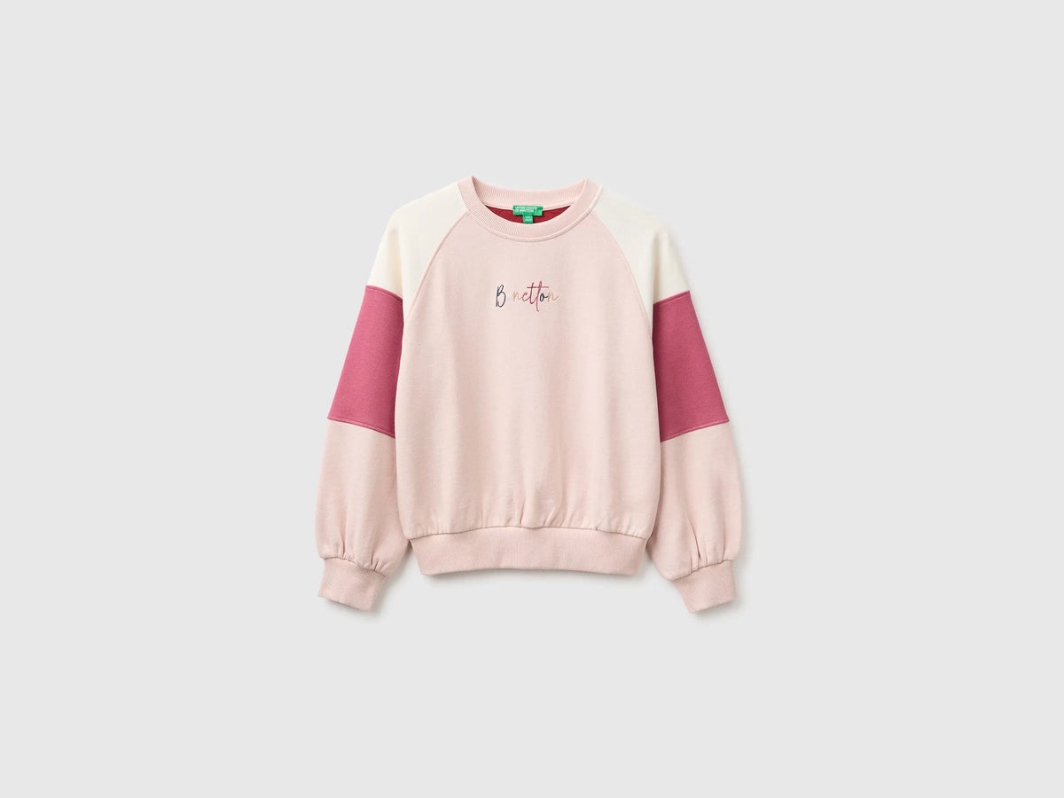 Benetton Soft Pink Girls Color Block Sweatshirt with Embroidery SKU: 3J68C10U7_902 Image 01