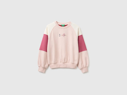 Benetton Soft Pink Girls Color Block Sweatshirt with Embroidery SKU: 3J68C10U7_902 Image 01