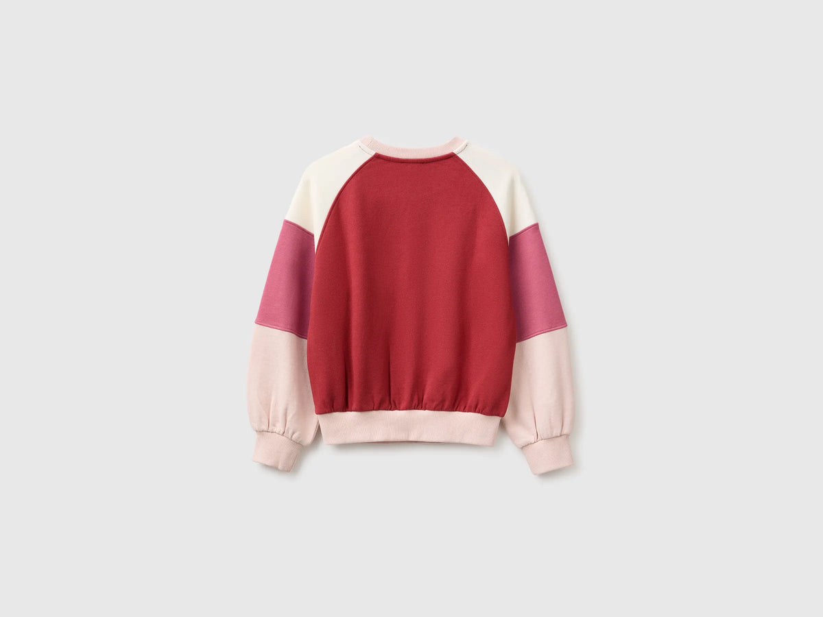 Benetton Soft Pink Girls Color Block Sweatshirt with Embroidery SKU: 3J68C10U7_902 Image 02