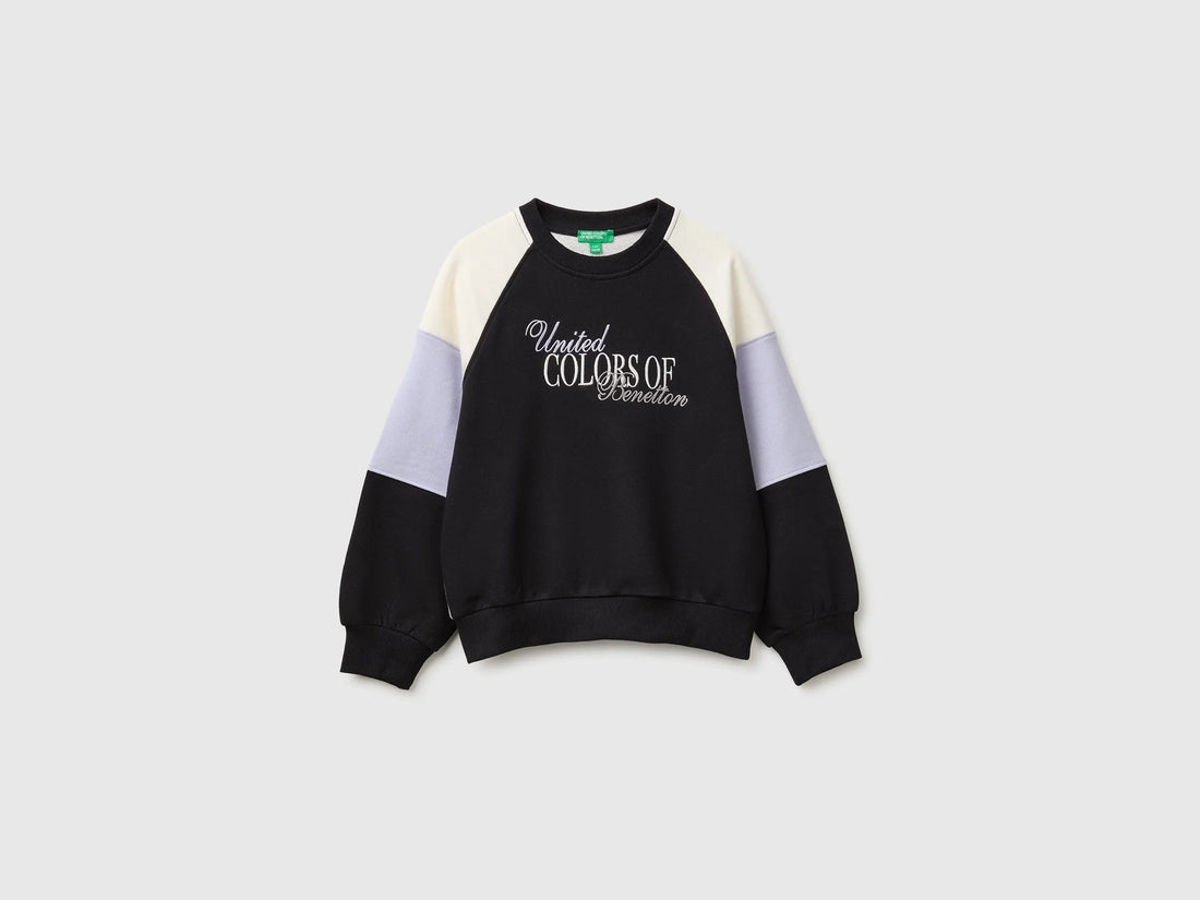 Benetton Black Girls Color Block Sweatshirt with Embroidery SKU: 3J68C10U7_905 Image 01