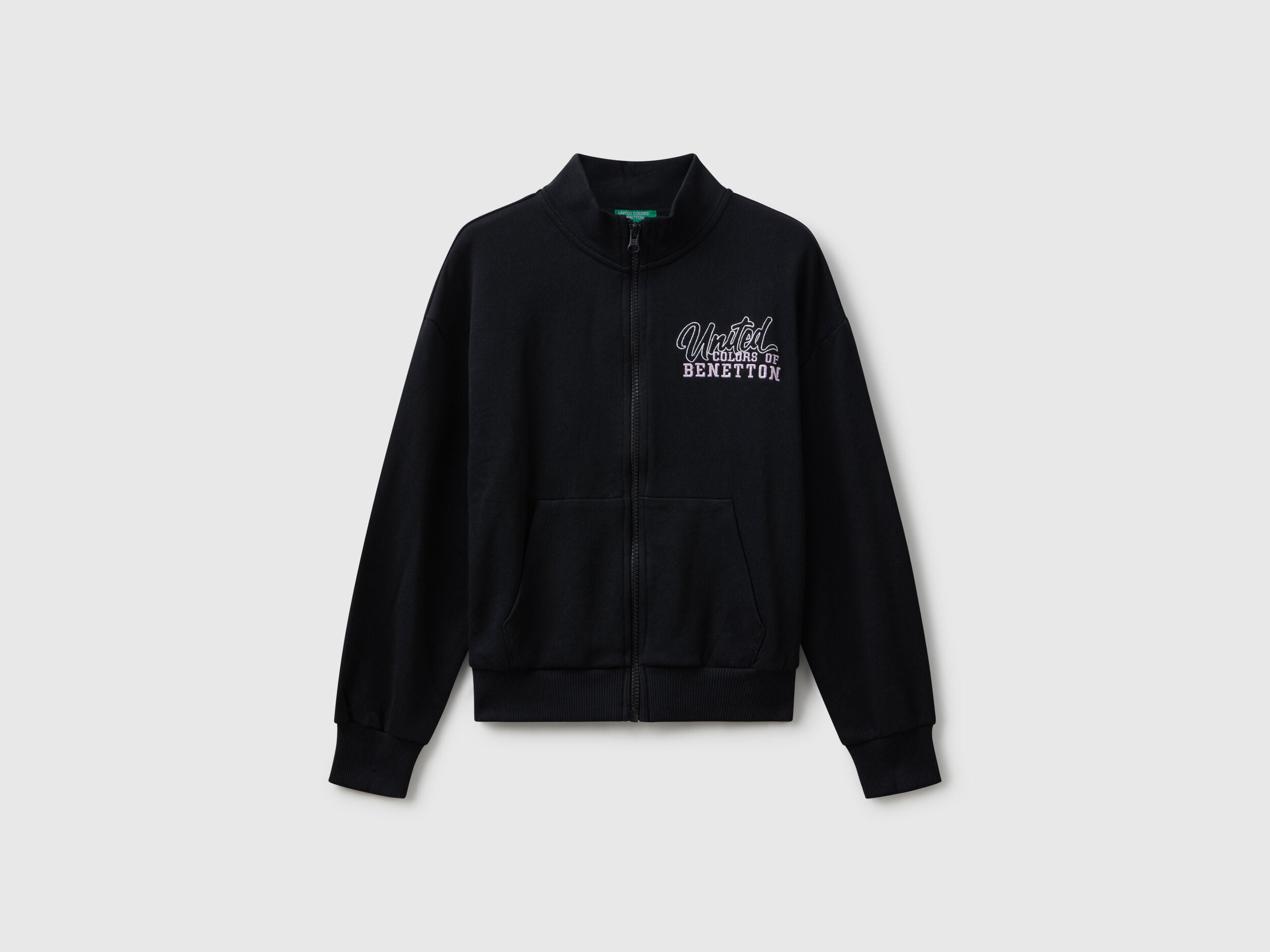 Benetton_Black_Zip-Up Sweatshirt with Print_3J68C505D_100_01