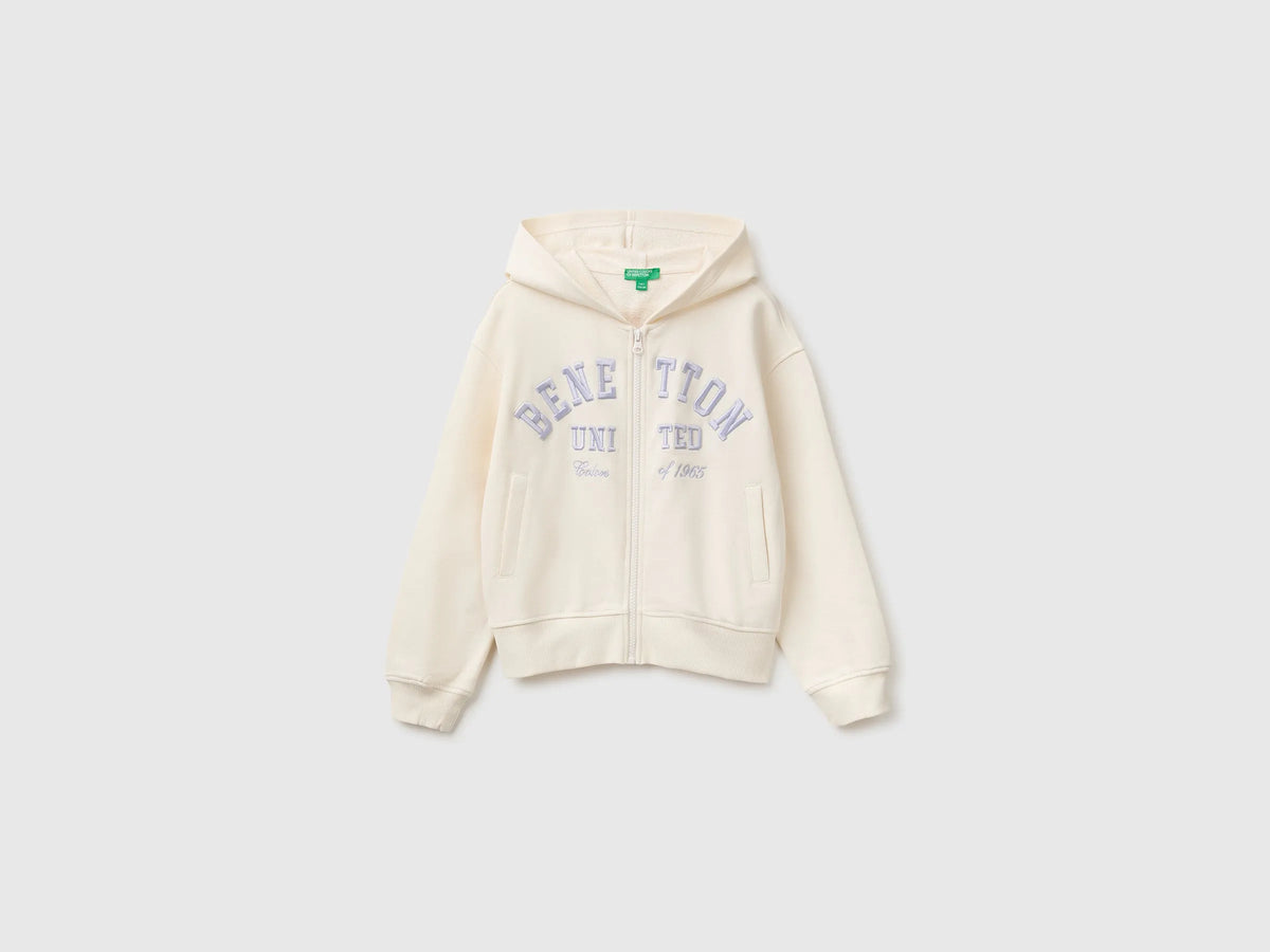 Benetton Creamy White Girls Hoodie with Embroidery SKU: 3J68C506D_0R2 Image 01