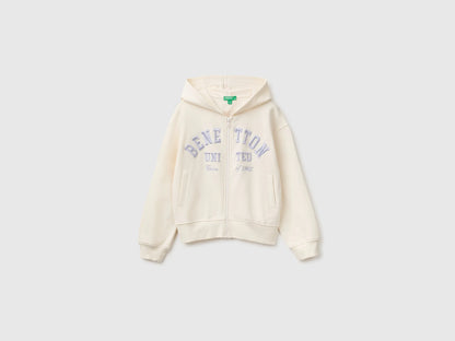Benetton Creamy White Girls Hoodie with Embroidery SKU: 3J68C506D_0R2 Image 01