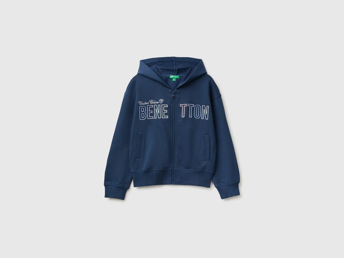 Benetton Blue Girls Hoodie with Embroidery SKU: 3J68C506D_355 Image 01