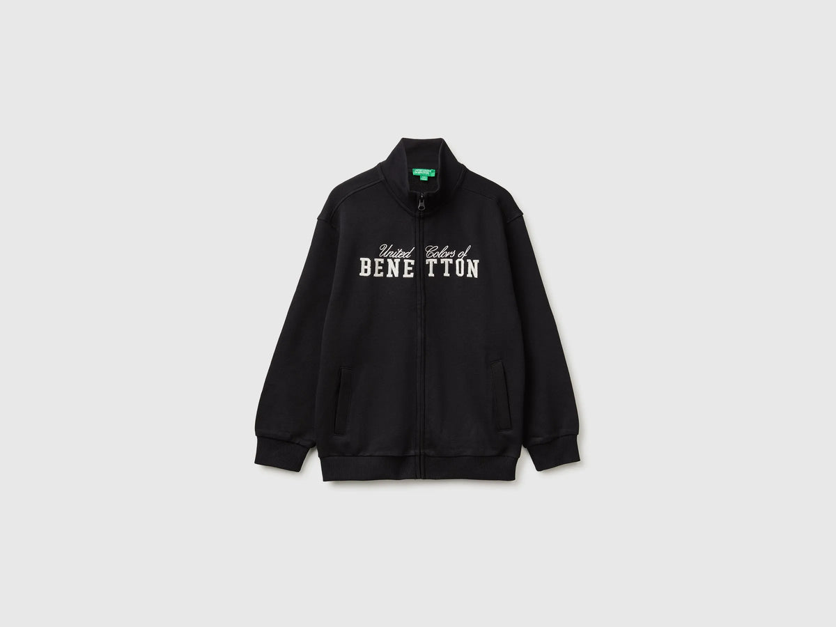 Benetton Black Boys 100% Cotton Zip-Up Sweatshirt SKU: 3J68C506E_100 Image 01