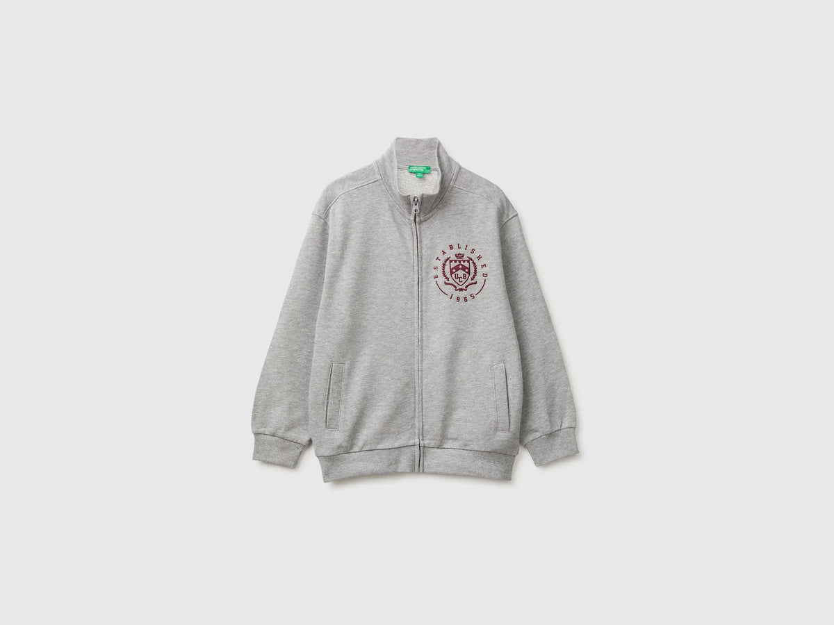 Benetton Light Gray Boys 100% Cotton Zip-Up Sweatshirt SKU: 3J68C506E_501 Image 01