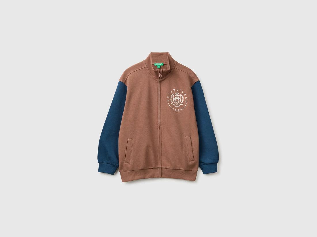 Benetton Brown Boys 100% Cotton Zip-Up Sweatshirt SKU: 3J68C506E_904 Image 01