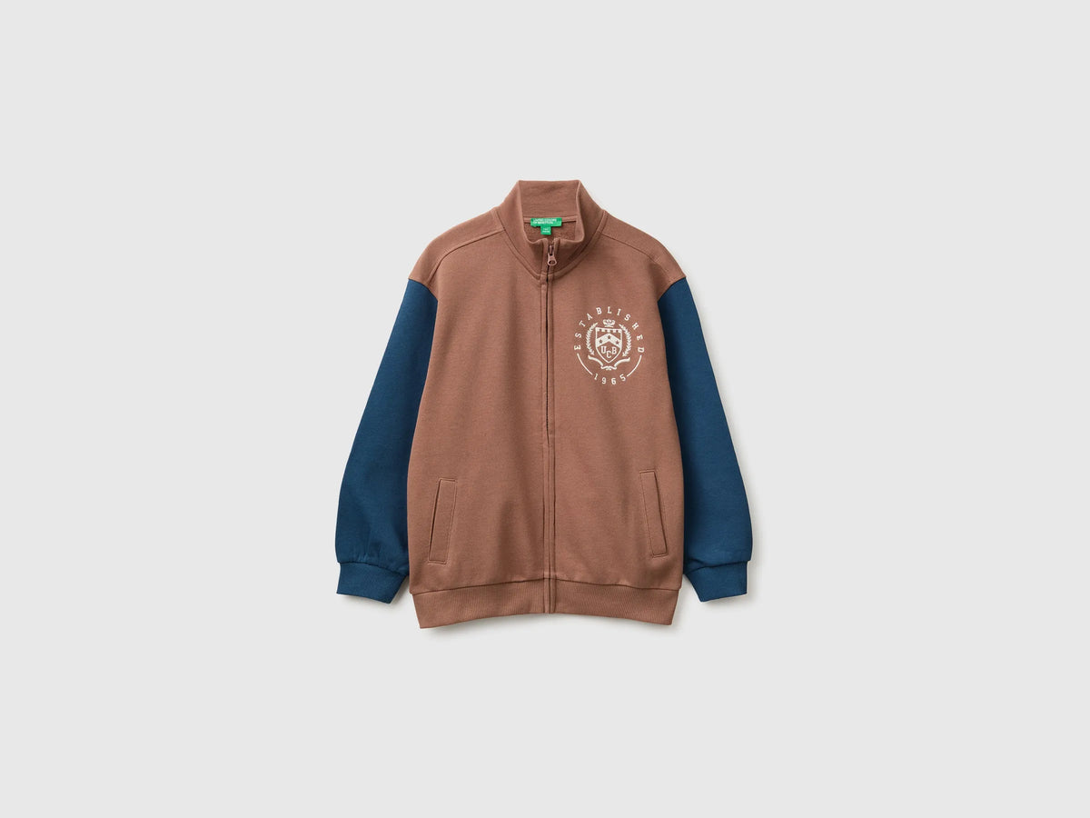 Benetton Brown Boys 100% Cotton Zip-Up Sweatshirt SKU: 3J68C506E_904 Image 01