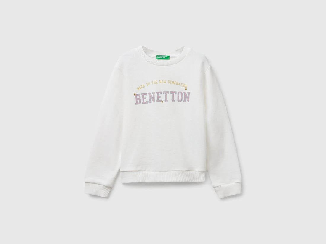 Benetton Creamy white Girls Sweatshirt with Glittery Print SKU: 3J70G10JR_074 Image 01
