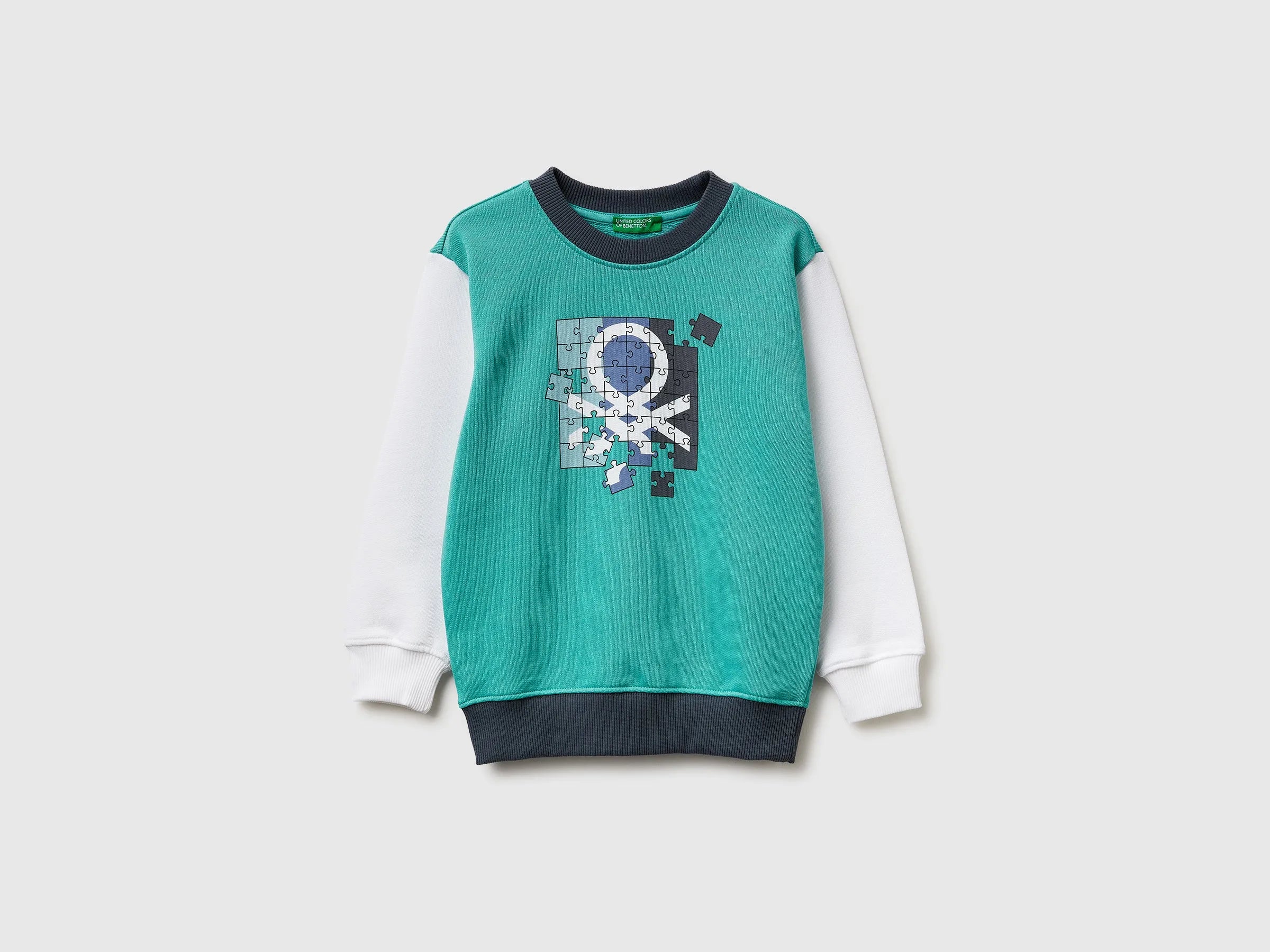 Benetton Aqua Boys Organic Cotton Sweatshirt with Logo Print SKU: 3J70G10LJ_903 Image 01