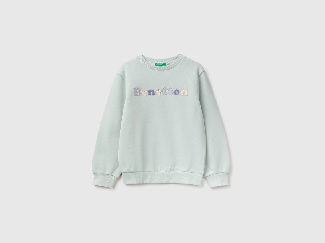 Benetton Light Green Girls Crewneck Sweatshirt with Embroidery SKU: 3J70G10NG_00M Image 01