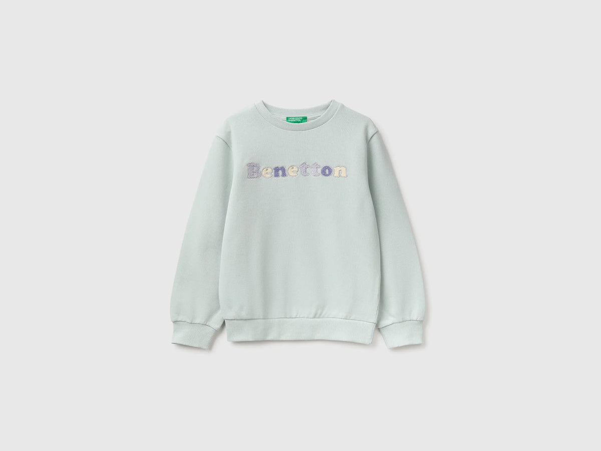 Benetton Light Green Girls Crewneck Sweatshirt with Embroidery SKU: 3J70G10NG_00M Image 01