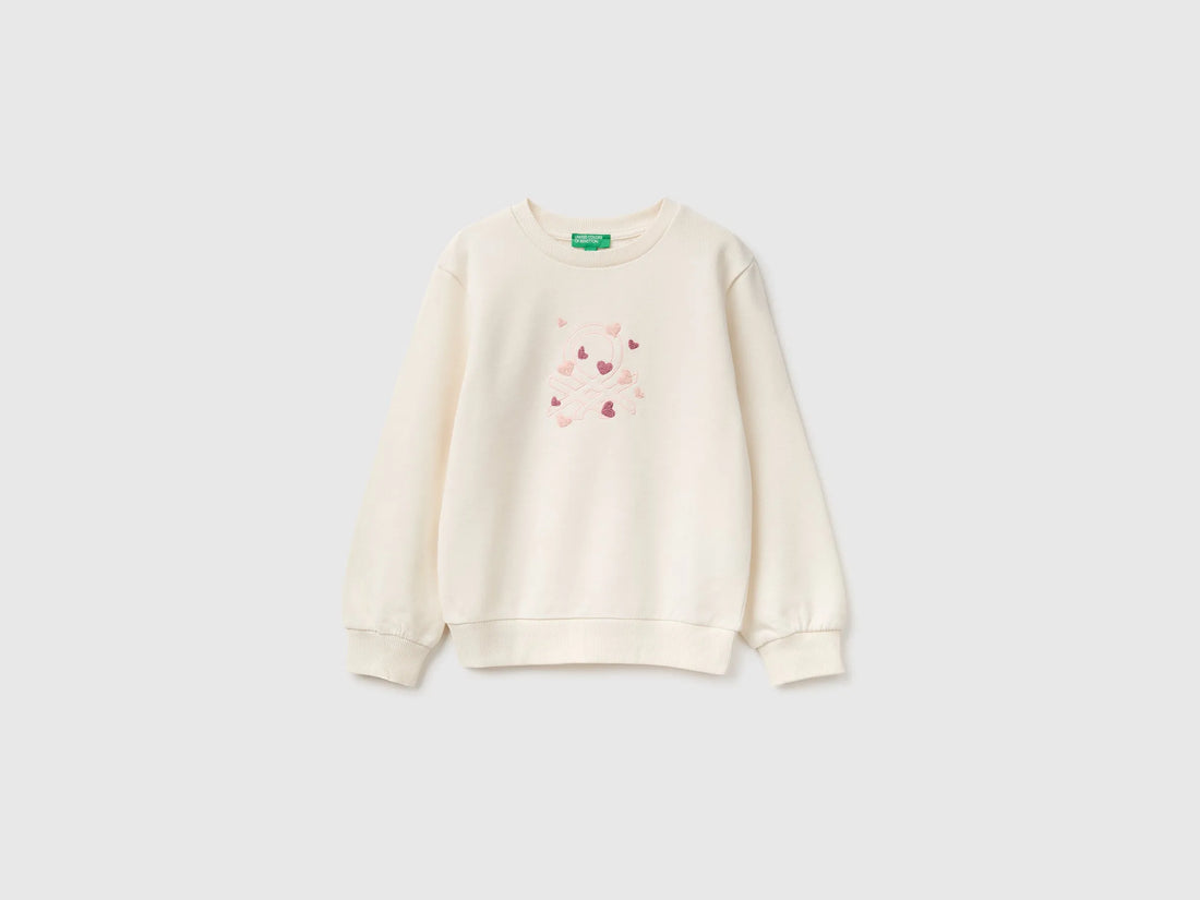 Benetton Creamy White Girls Crewneck Sweatshirt with Embroidery SKU: 3J70G10NG_0R2 Image 01