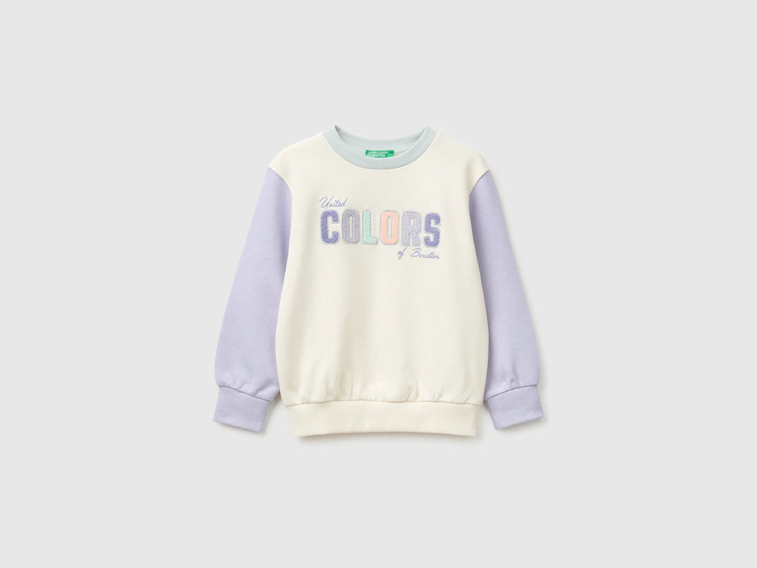 Benetton Creamy White Girls Crewneck Sweatshirt with Embroidery SKU: 3J70G10NG_901 Image 01