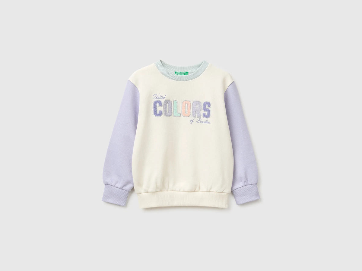 Benetton Creamy White Girls Crewneck Sweatshirt with Embroidery SKU: 3J70G10NG_901 Image 01