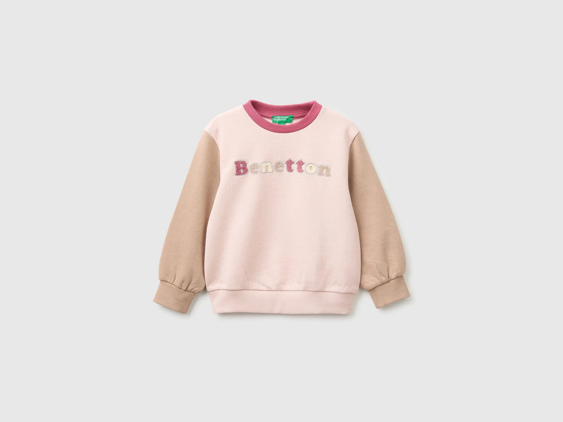 Benetton Soft Pink Girls Crewneck Sweatshirt with Embroidery SKU: 3J70G10NG_902 Image 01