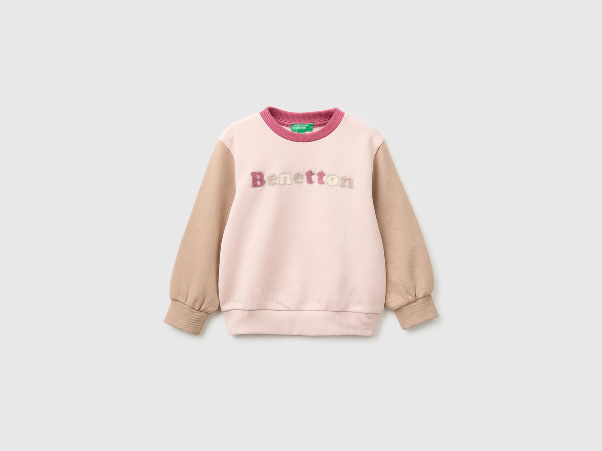 Benetton Soft Pink Girls Crewneck Sweatshirt with Embroidery SKU: 3J70G10NG_902 Image 01