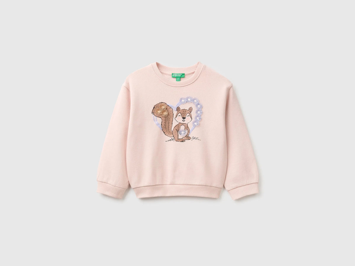 Benetton Soft Pink Girls Sweatshirt with Print and Embroidery in Organic Cotton SKU: 3J70G10NJ_08Q Image 01