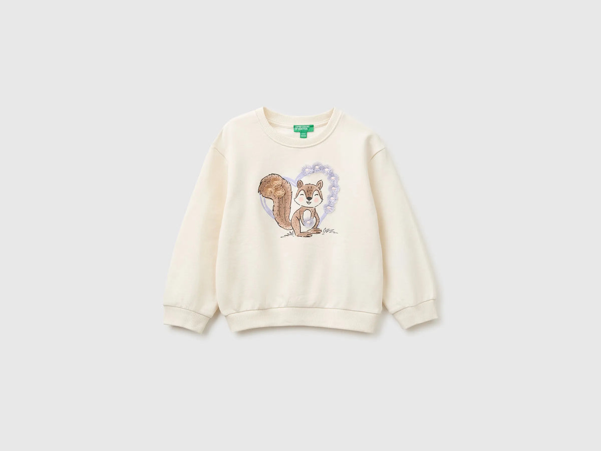 Benetton Creamy White Girls Sweatshirt with Print and Embroidery in Organic Cotton SKU: 3J70G10NJ_0R2 Image 01