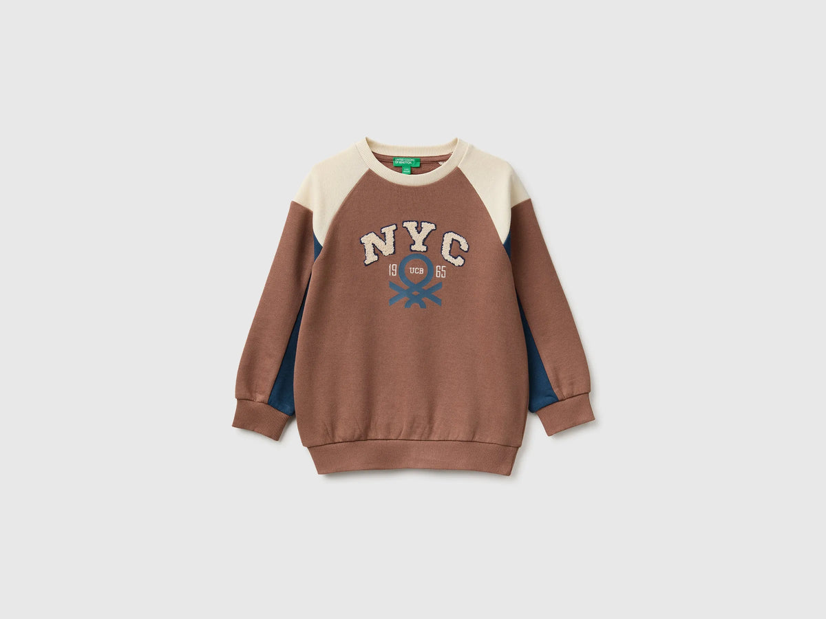 Benetton Brown Boys Closed Color Block Sweatshirt SKU: 3J70G10NM_903 Image 01