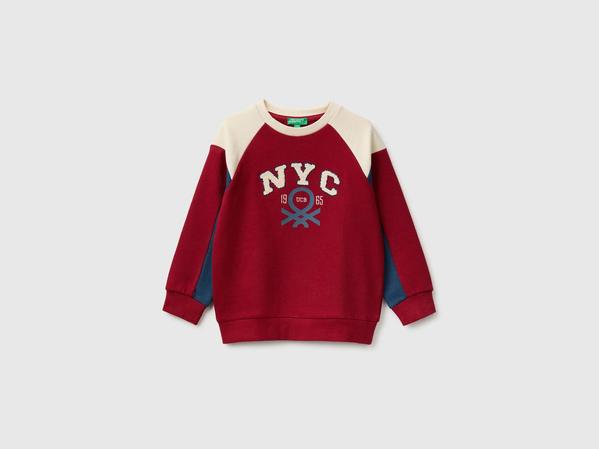 Benetton Burgundy Boys Closed Color Block Sweatshirt SKU: 3J70G10NM_904 Image 01