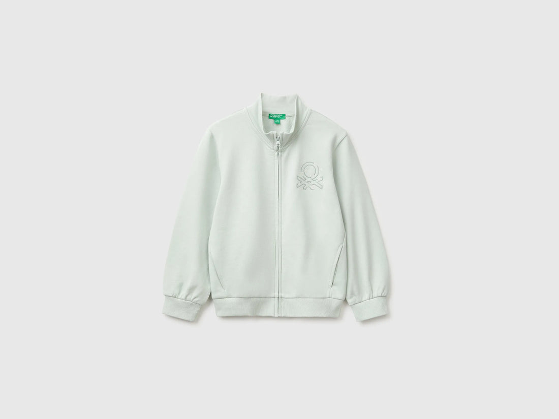 Benetton Light Green Girls Zip-Up Sweatshirt with Logo SKU: 3J70G504H_00M Image 01