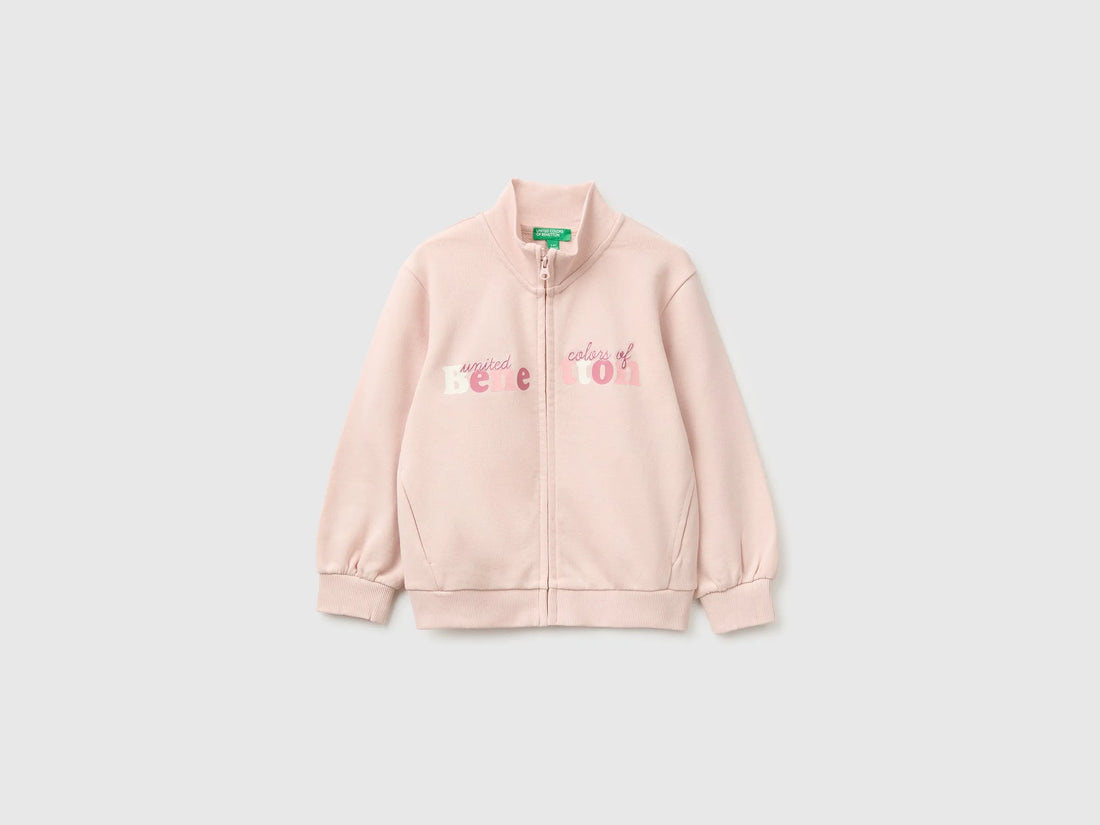 Benetton Soft Pink Girls Zip-Up Sweatshirt with Logo SKU: 3J70G504H_08Q Image 01