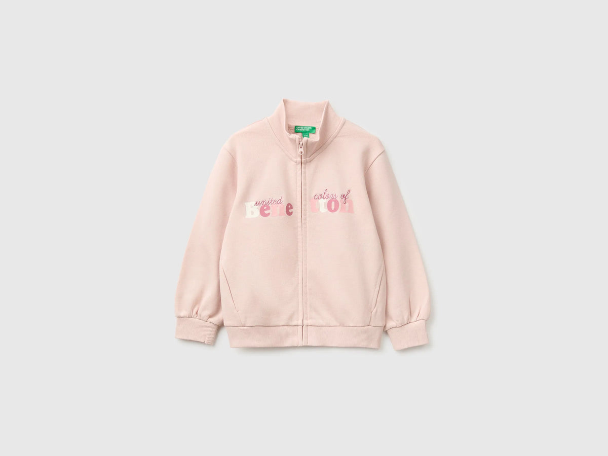 Benetton Soft Pink Girls Zip-Up Sweatshirt with Logo SKU: 3J70G504H_08Q Image 01