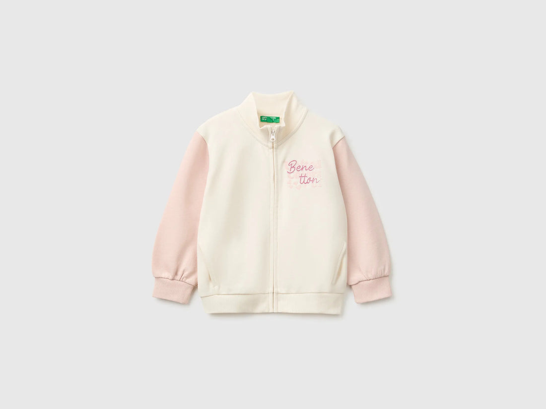 Benetton Creamy White Girls Zip-Up Sweatshirt with Logo SKU: 3J70G504H_901 Image 01