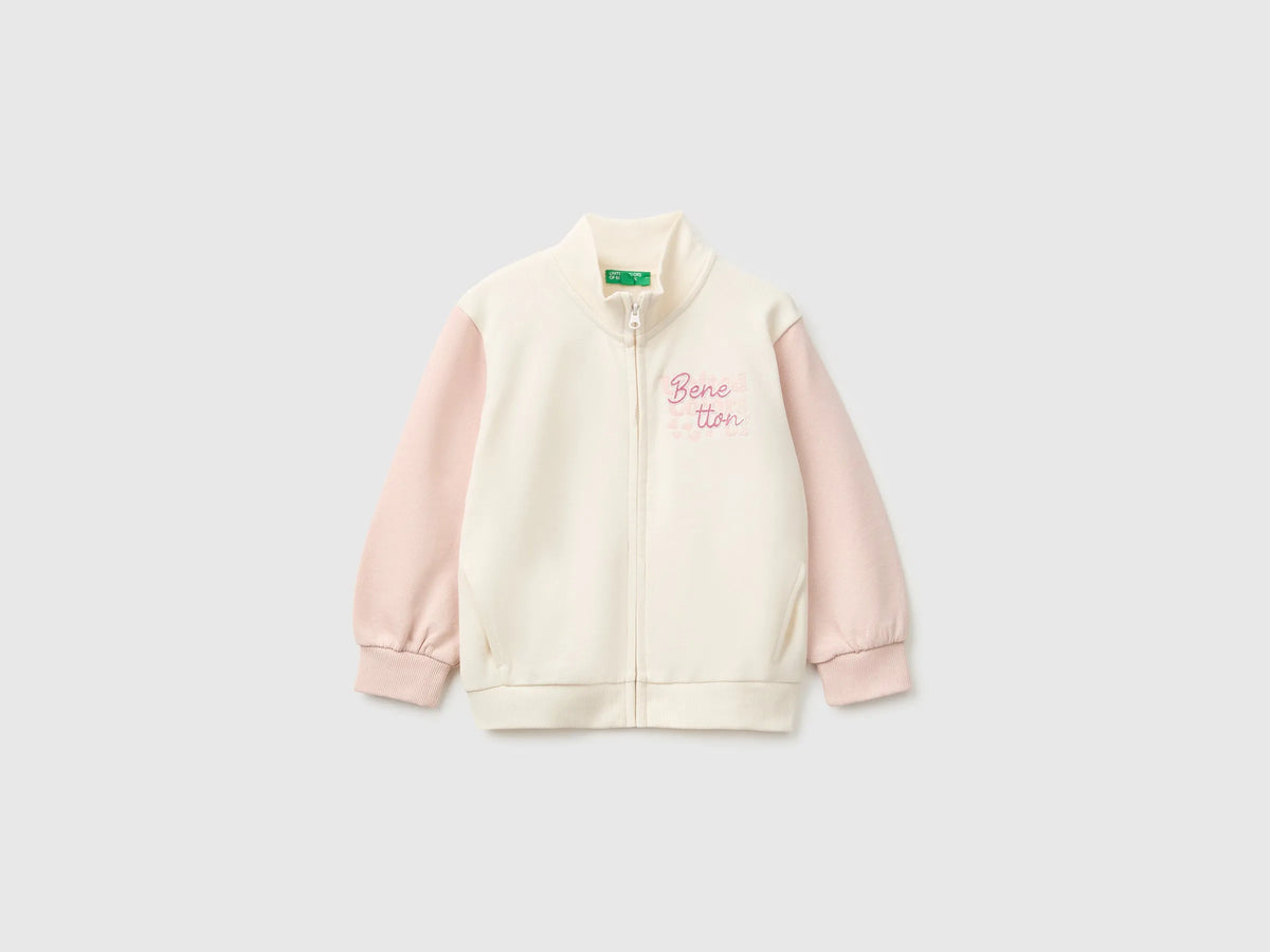 Benetton Creamy White Girls Zip-Up Sweatshirt with Logo SKU: 3J70G504H_901 Image 01