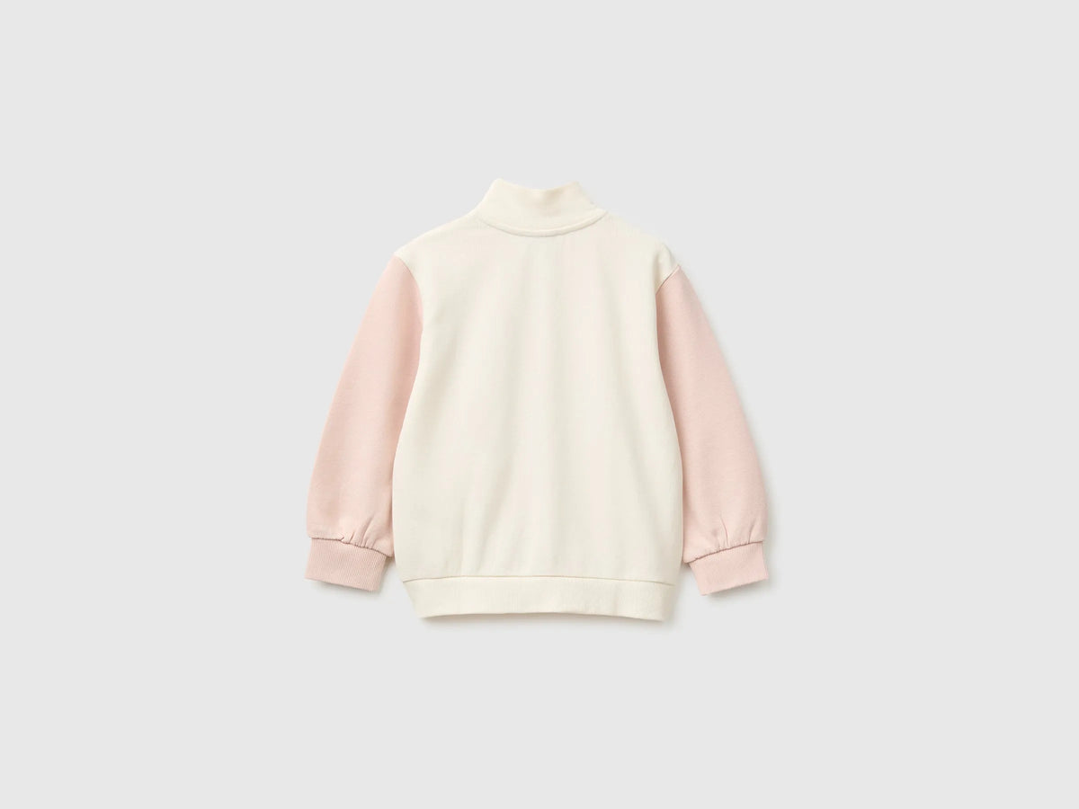 Benetton Creamy White Girls Zip-Up Sweatshirt with Logo SKU: 3J70G504H_901 Image 02