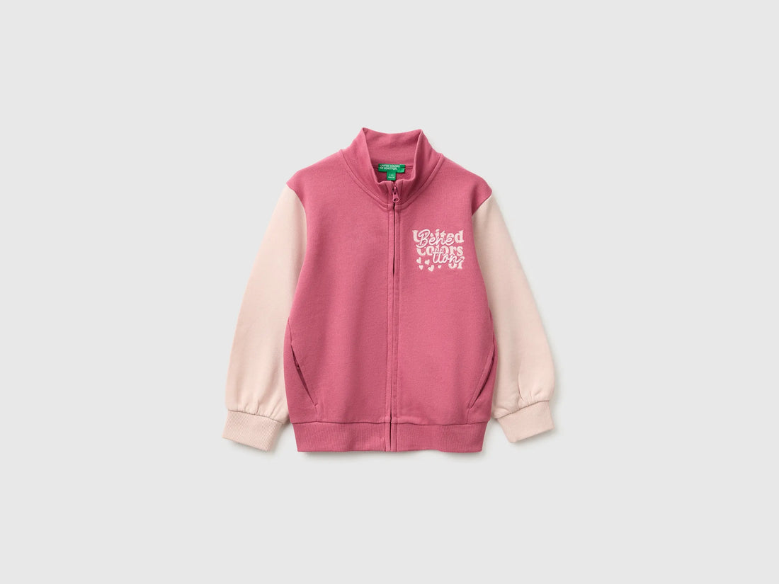 Benetton Fuchsia Girls Zip-Up Sweatshirt with Logo SKU: 3J70G504H_903 Image 01