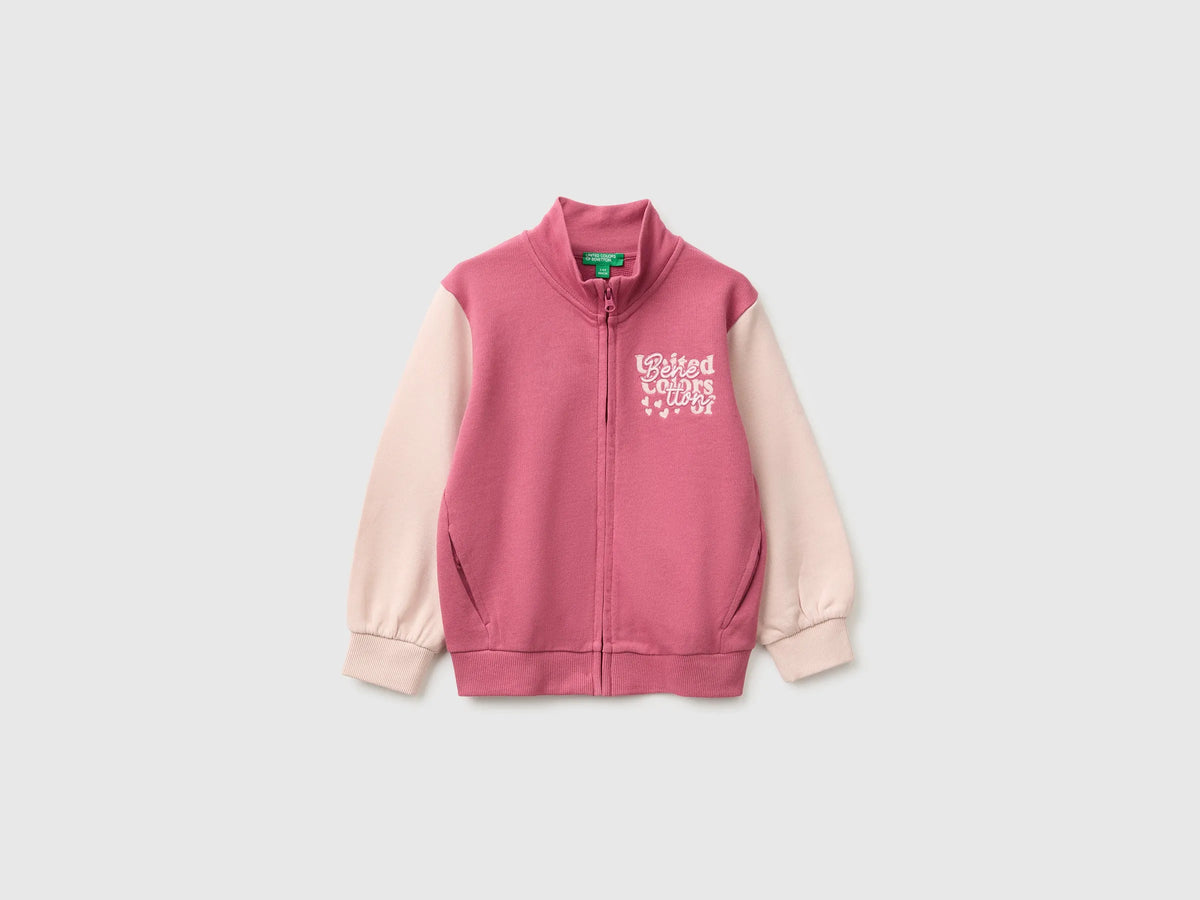 Benetton Fuchsia Girls Zip-Up Sweatshirt with Logo SKU: 3J70G504H_903 Image 01