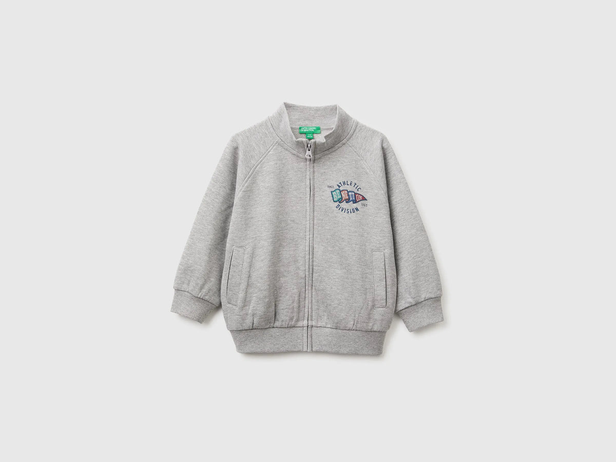 Benetton Light Gray Boys Zip-Up Sweatshirt with Logo SKU: 3J70G504I_501 Image 01