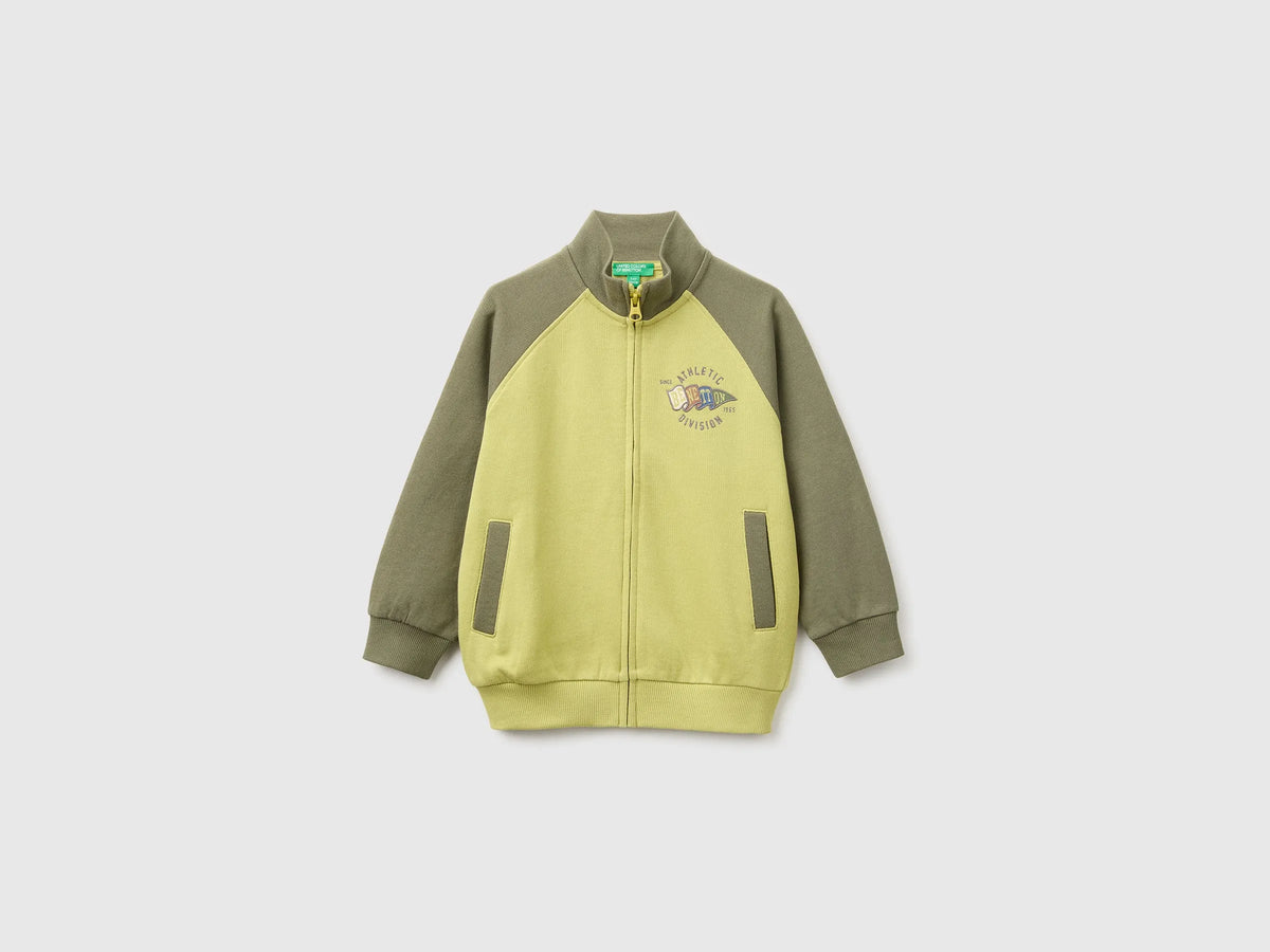 Benetton Lime Boys Zip-Up Sweatshirt with Logo SKU: 3J70G504I_901 Image 01