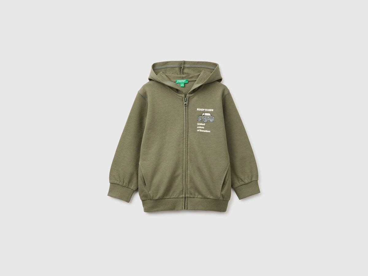 Benetton Military Green Boys Organic Cotton Hoodie with Prints SKU: 3J70G504J_07N Image 01